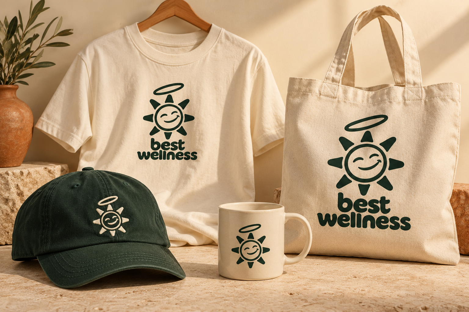 Best Wellness merchandise concept: a cream T-shirt, tote bag and mug with a forest-green cap